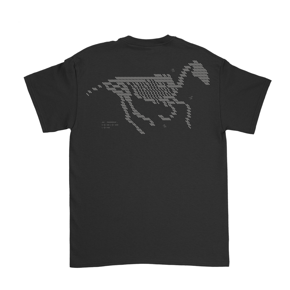 Black t-shirt with a stylized horse design made of small geometric shapes on the back.