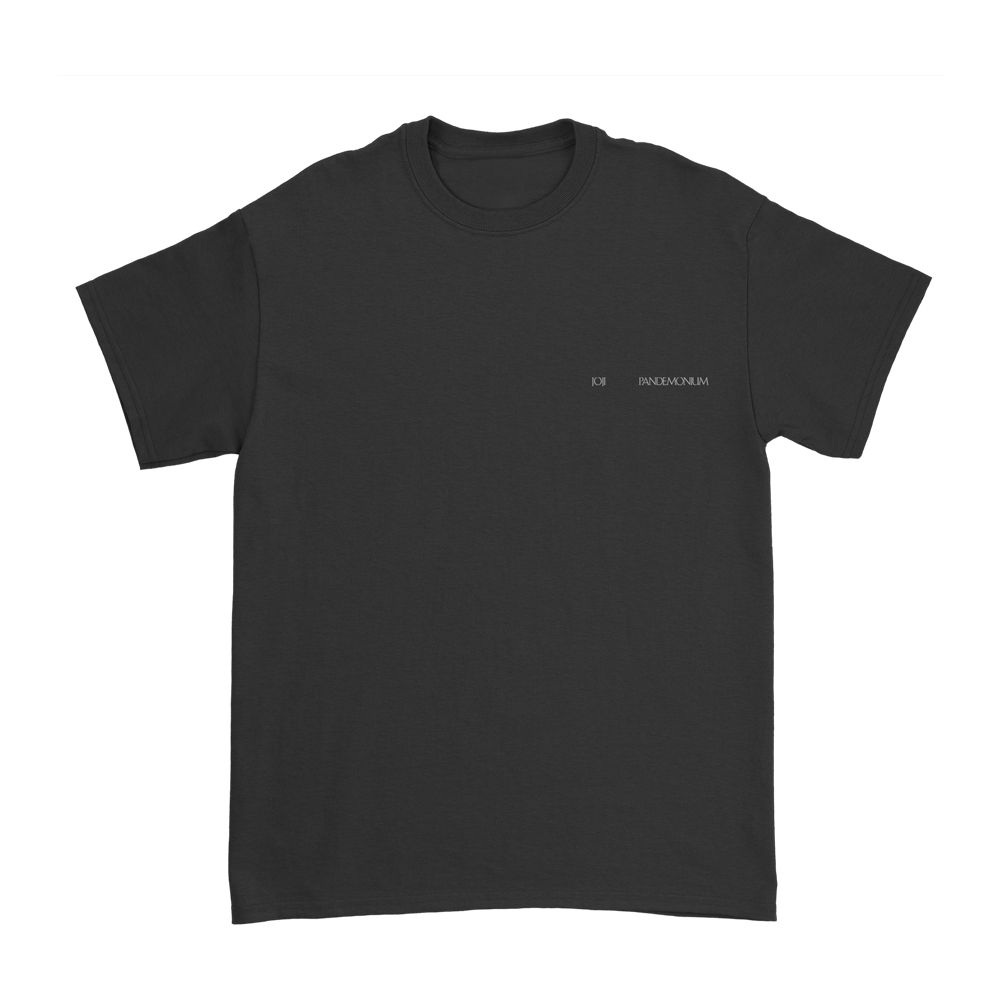 Black t-shirt with small text on the chest.