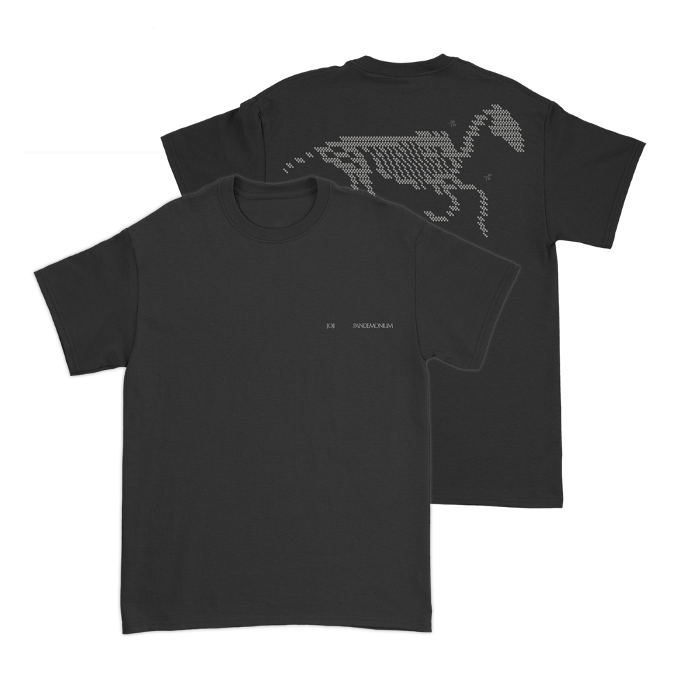Black t-shirt with a pixelated horse design on the back.