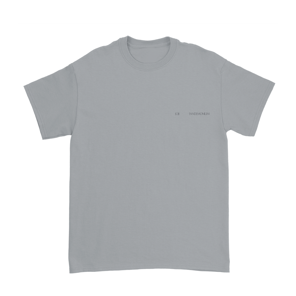 Light gray t-shirt with small text on the upper right chest area.
