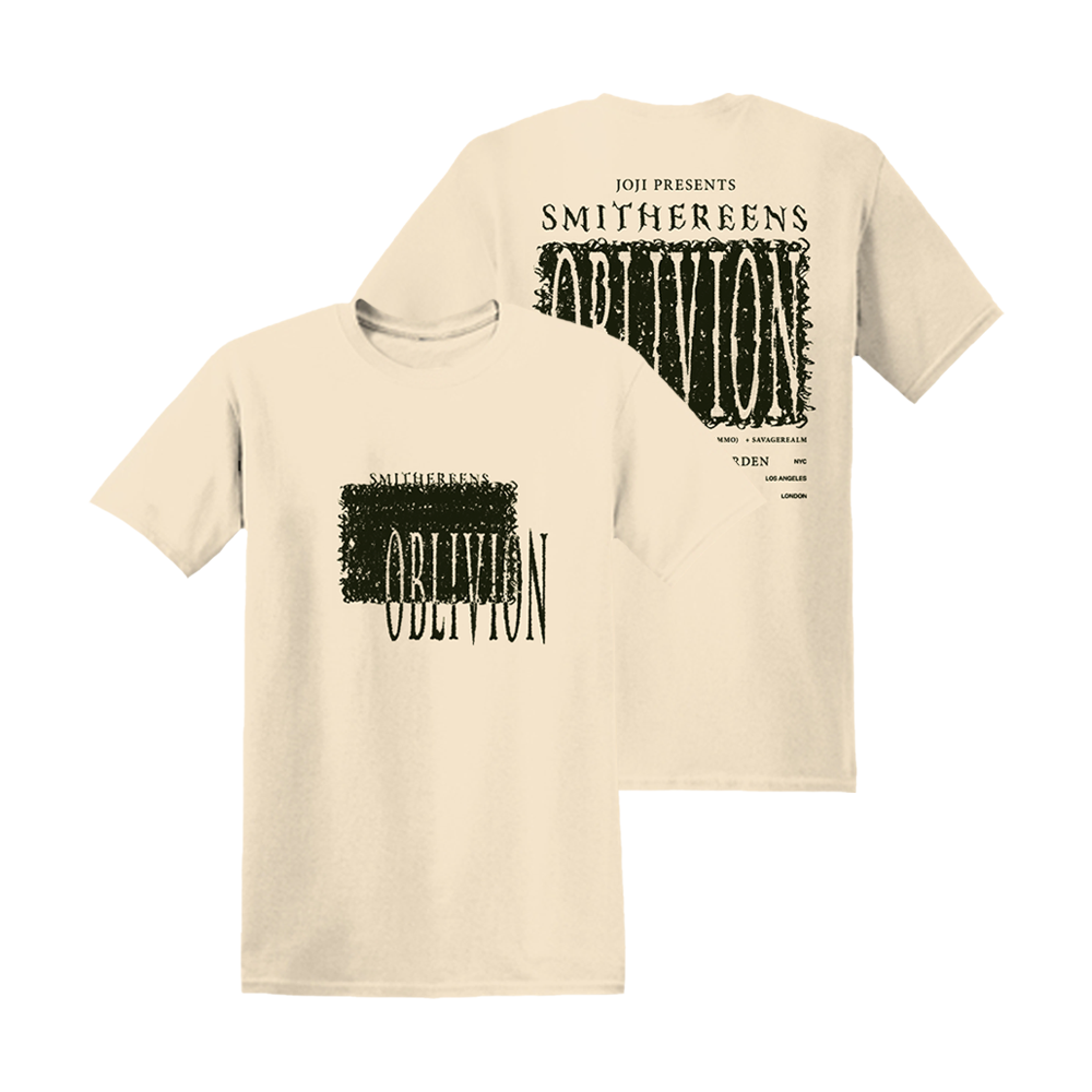 Beige t-shirt with ’Smithereens Oblivion’ text and graphic design printed on front and back.