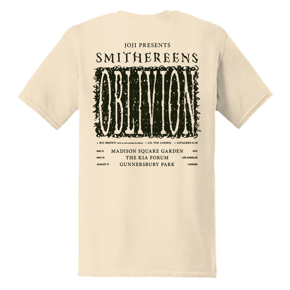 Beige t-shirt with concert tour information for Smithereens printed on the back.