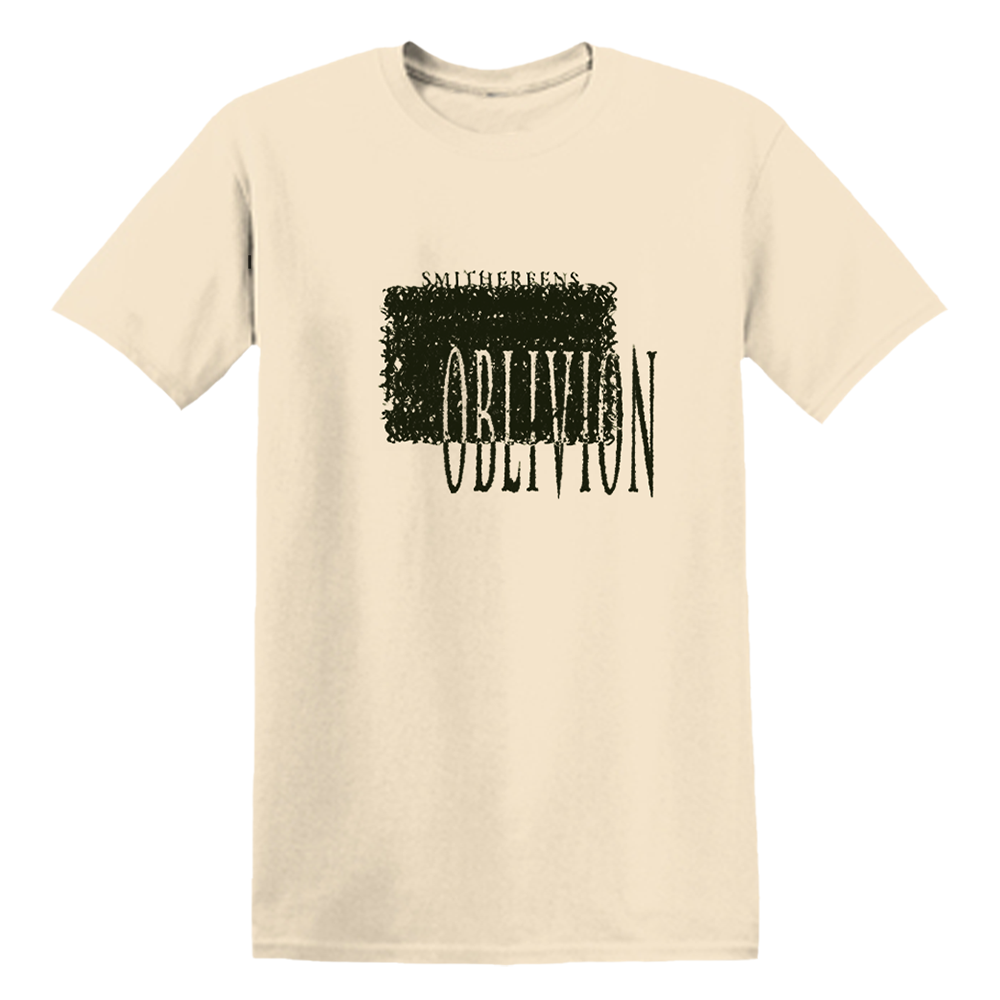 Beige t-shirt with ’OBLIVION’ printed in a stylized font on the front.