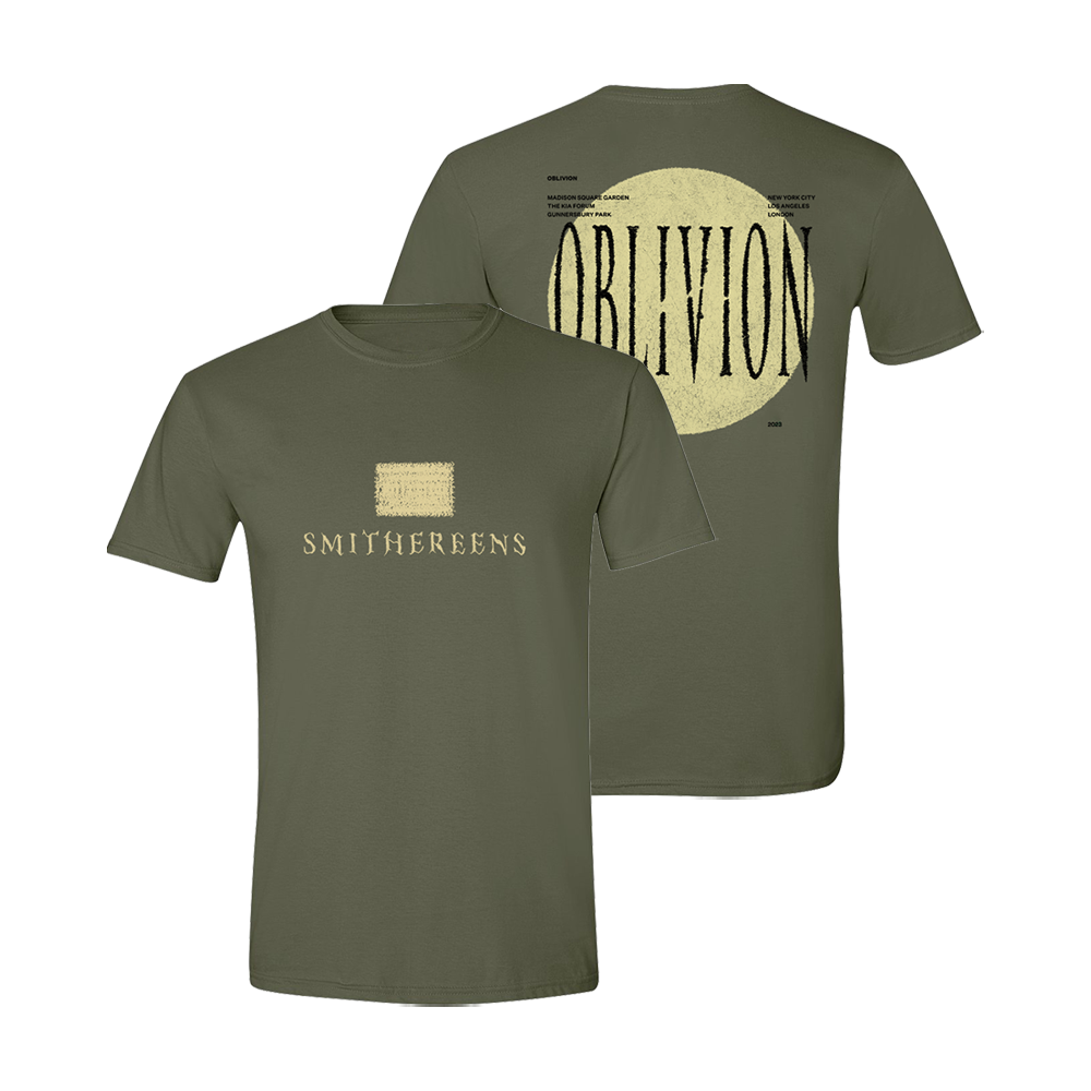 Olive green t-shirt with ’Smithereens’ on the front and ’Oblivion’ on the back.