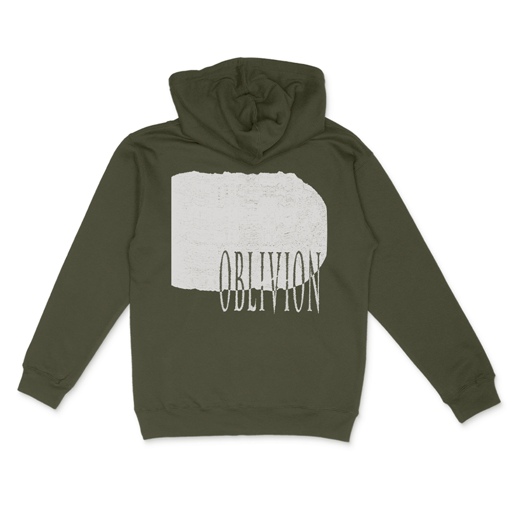 Dark green hoodie with ’OBLIVION’ printed in white on the front.