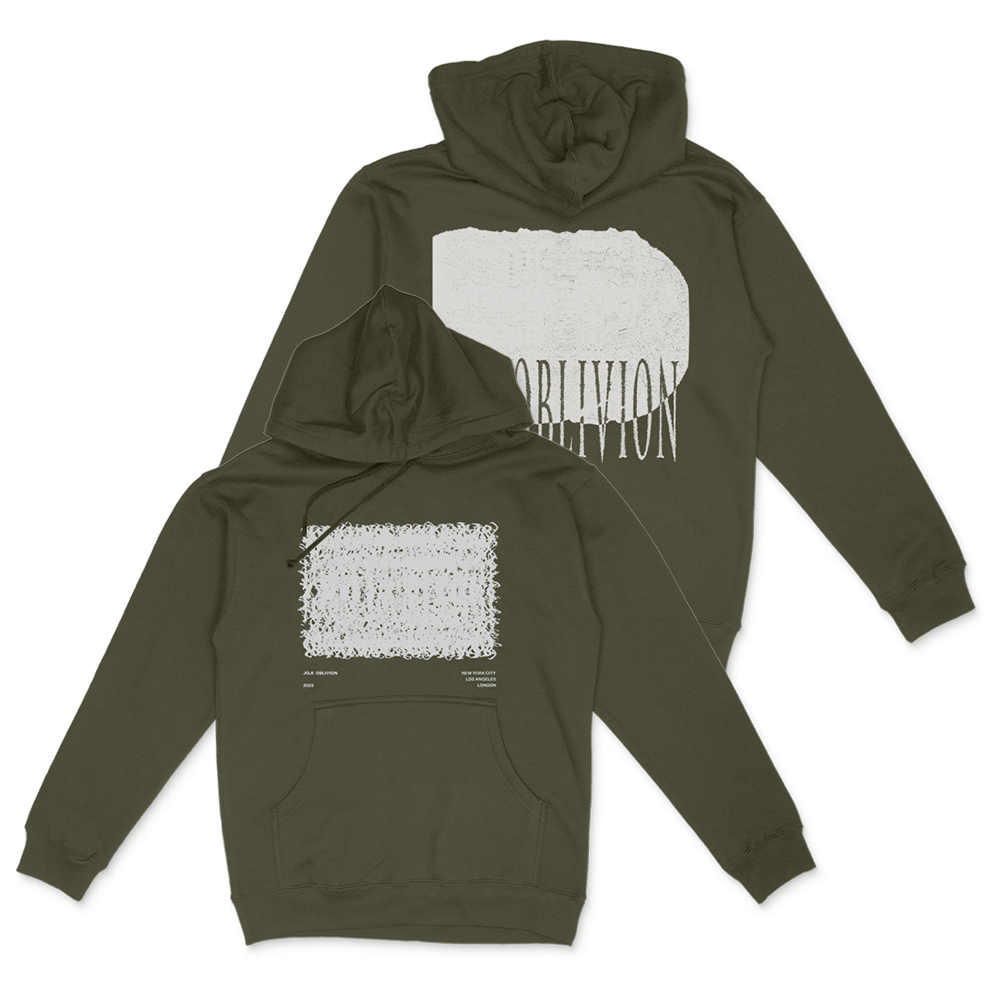 Olive green hooded sweatshirt with white graphic designs on front and back.