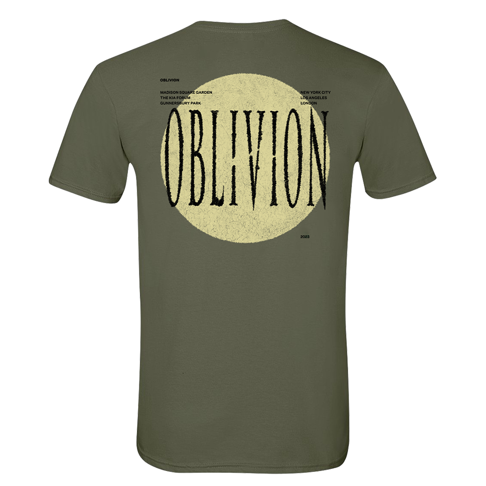 Olive green t-shirt with ’OBLIVION’ printed in large text on the back inside a pale yellow circle.