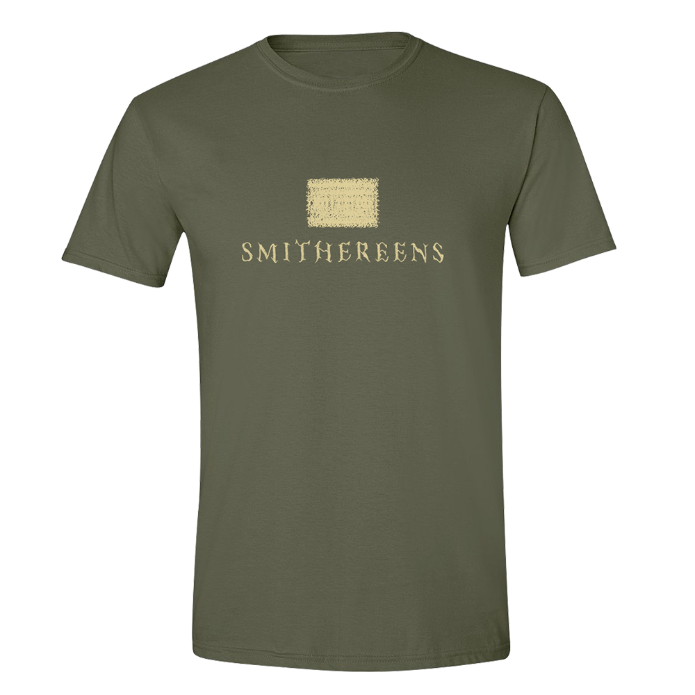 Olive green t-shirt with ’SMITHEREENS’ printed on the front in beige lettering, along with a small rectangular logo above the text.