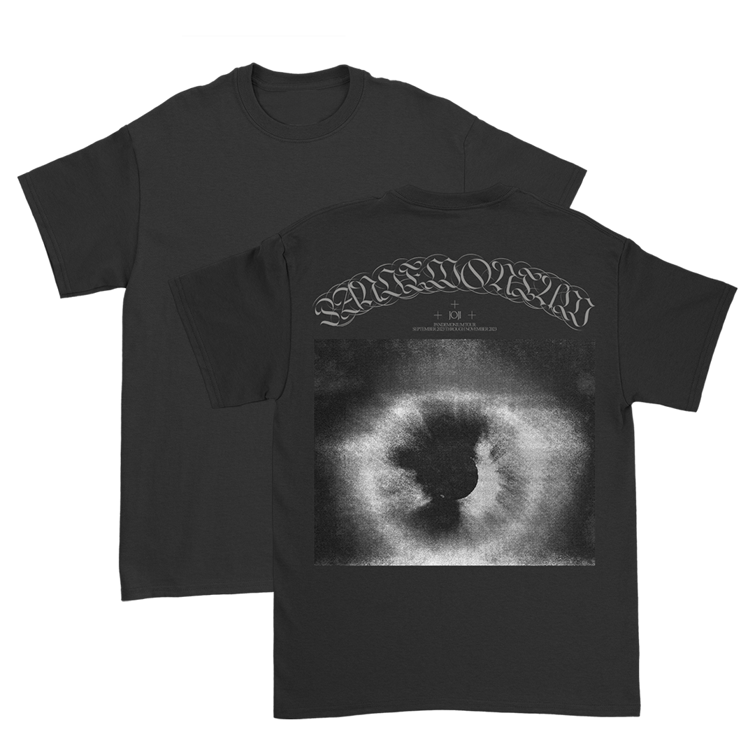 Black t-shirt with a graphic design featuring an eye and text.