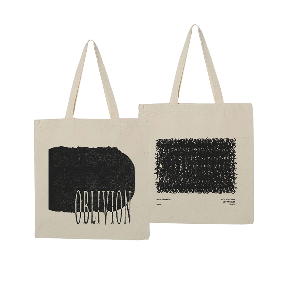 Two canvas tote bags with black graphic designs, one featuring the word ’OBLIVION’ and the other a scribbled rectangle.