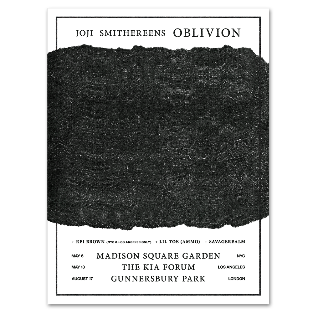Concert poster for Joji Smithereens Oblivion tour featuring a black textured block and tour dates.