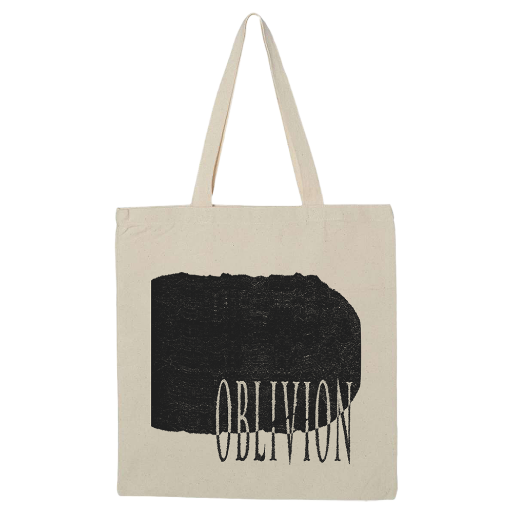 Canvas tote bag with ’OBLIVION’ printed beneath a black rectangular shape.