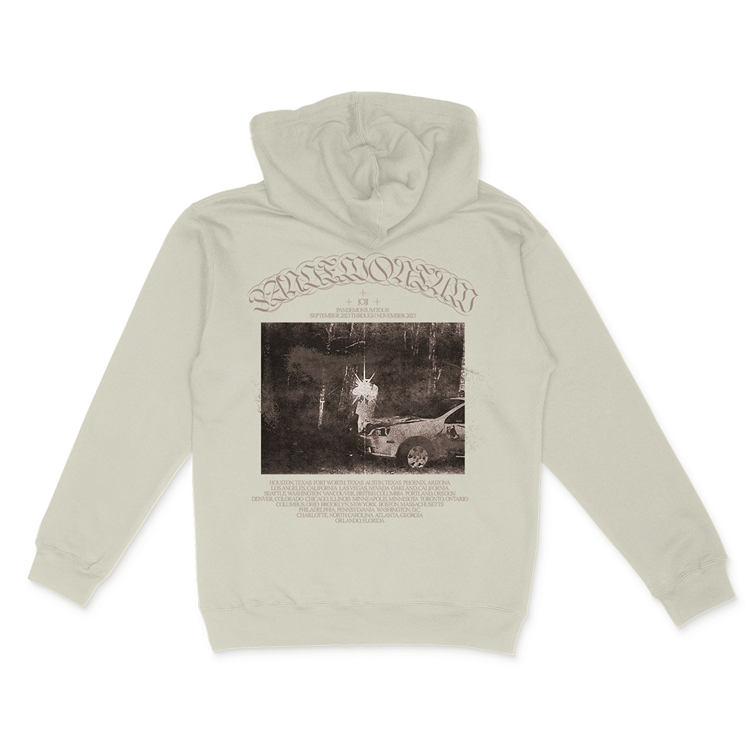 Beige hoodie sweatshirt with a black and white graphic print on the back.