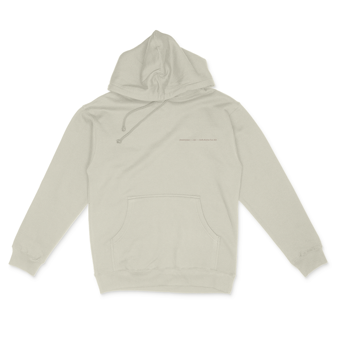 Beige hooded sweatshirt with a front pocket and drawstring hood.