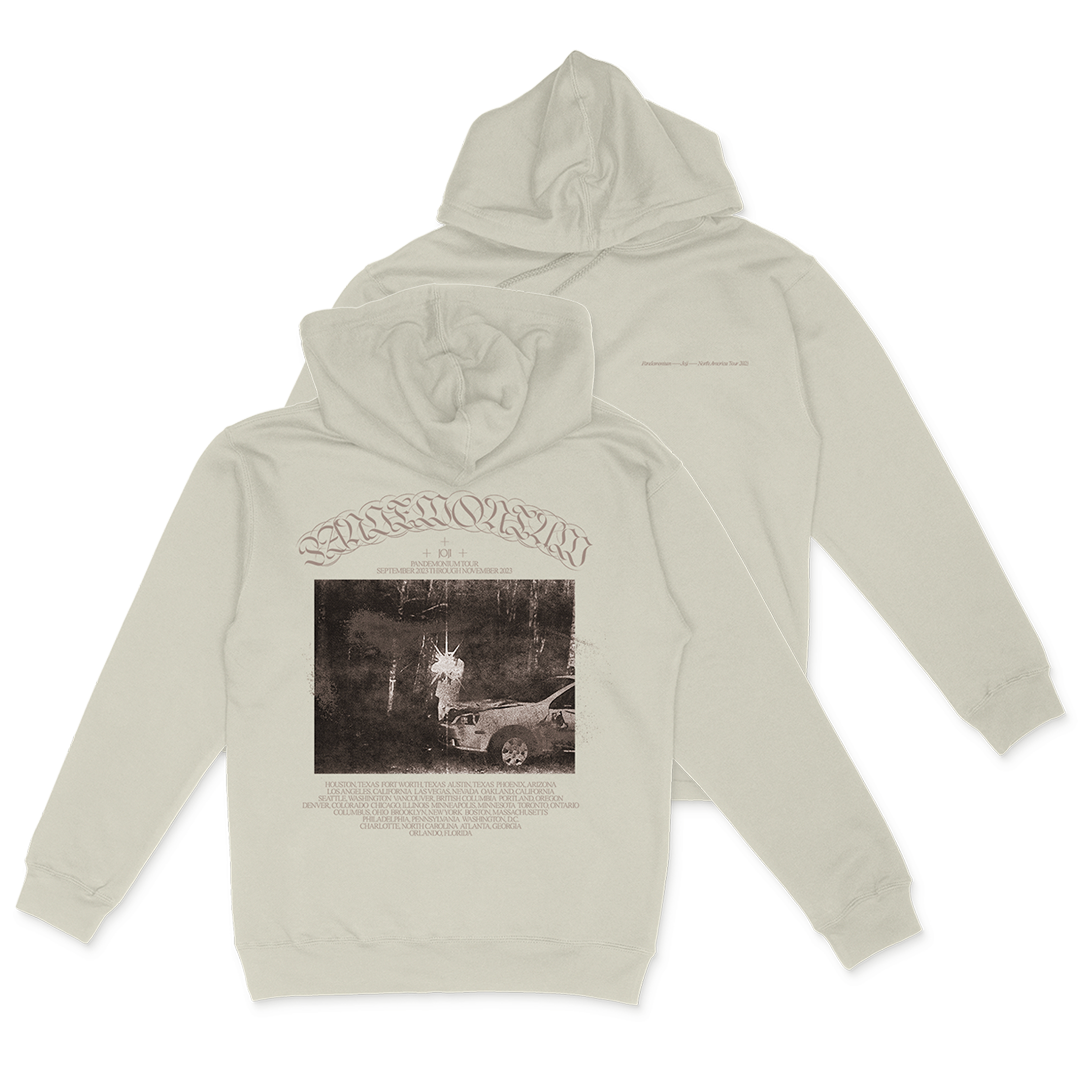 Beige hoodie sweatshirt with a black and white photo print on the back.