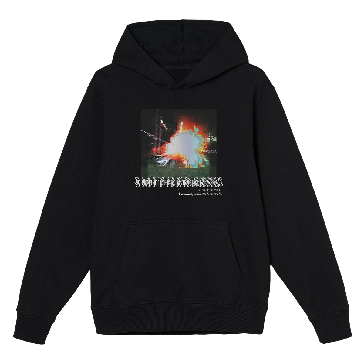Black hoodie with an explosive graphic and ’SMITHEREENS’ text on the front.