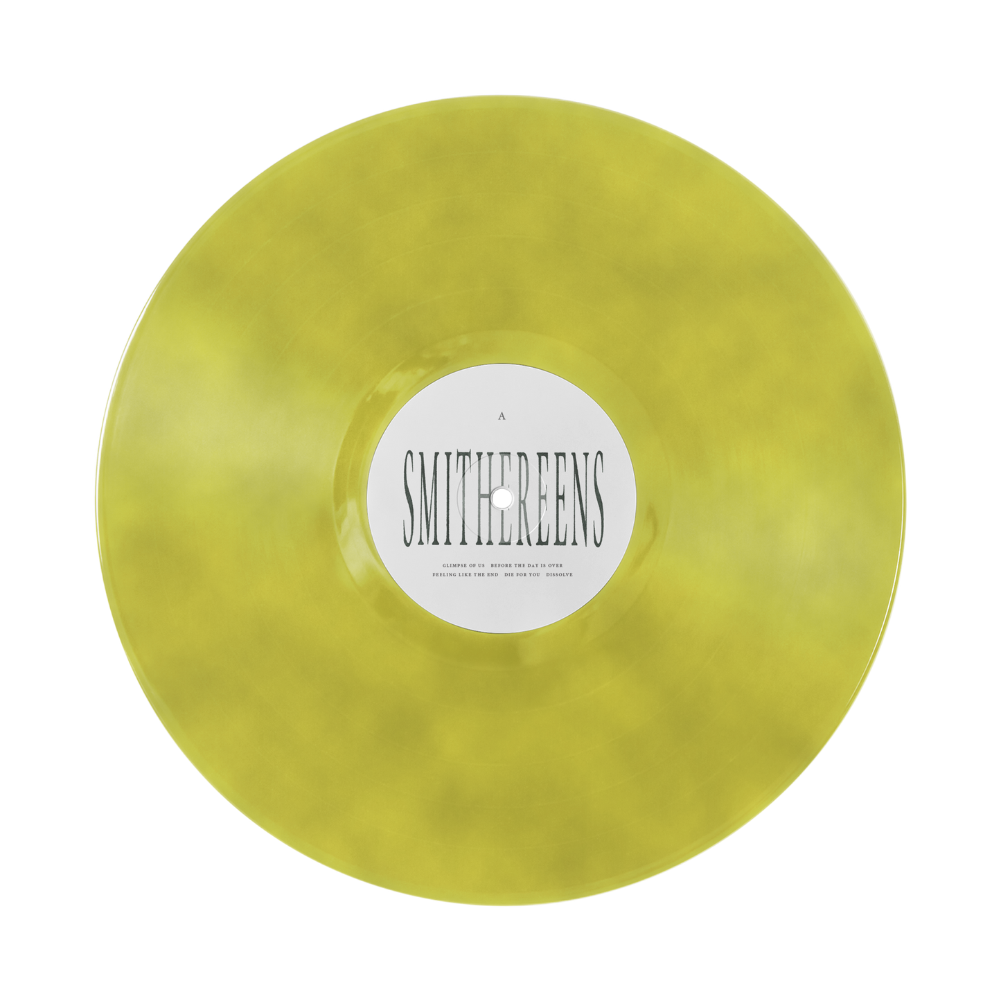 Yellow-green vinyl record with a white label reading ’Smithereens’ in the center.