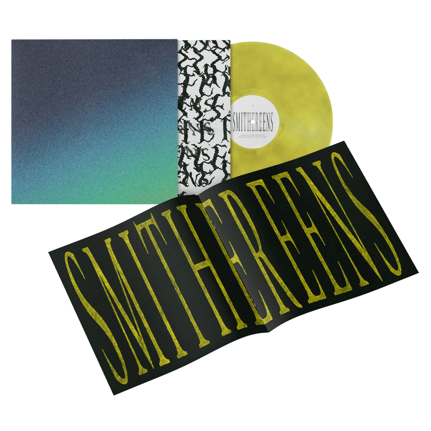 Vinyl record album with colorful sleeve and ’Smithereens’ text.