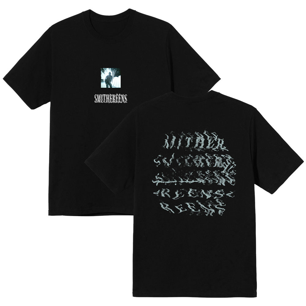 Black t-shirt with graphic designs on front and back.