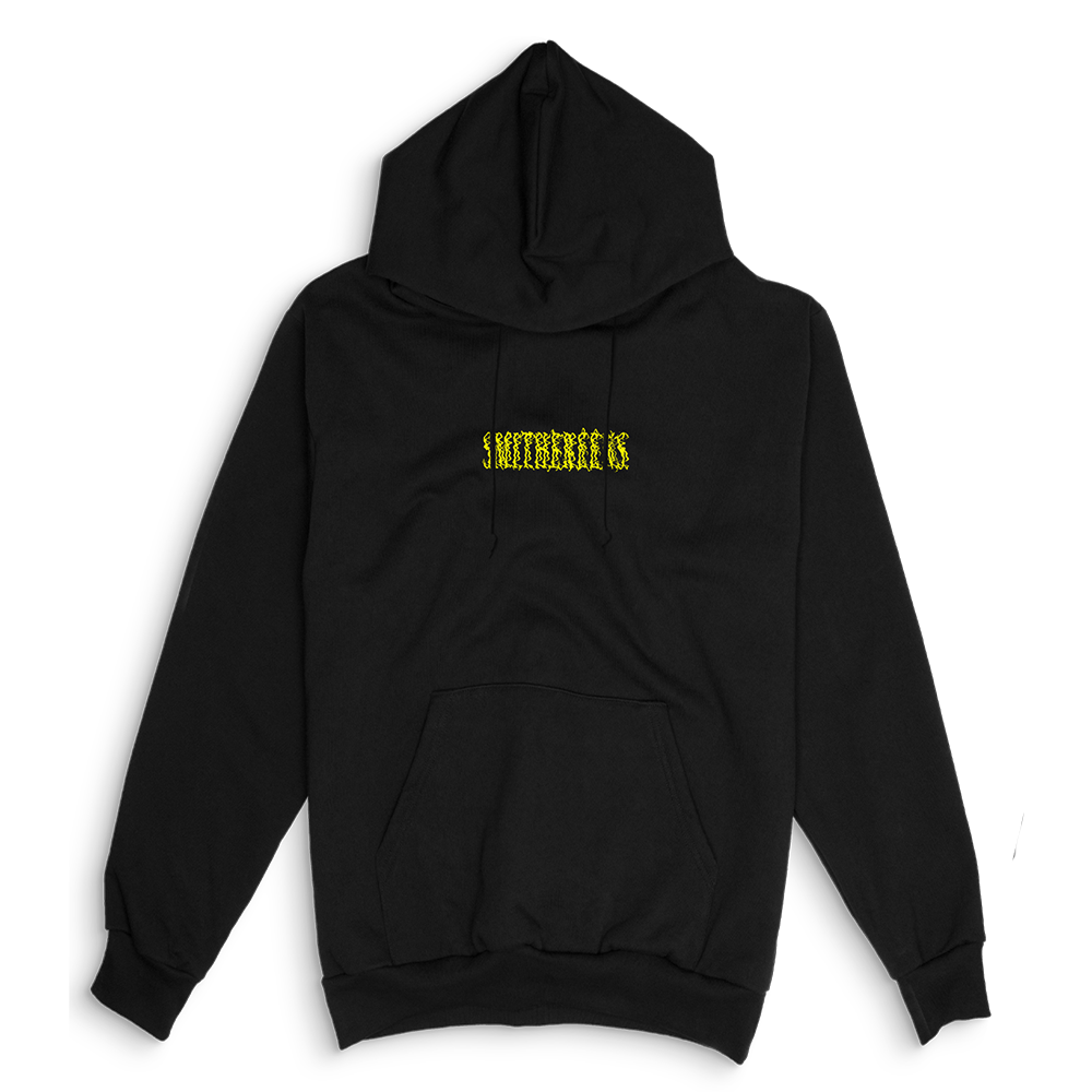 Black hoodie sweatshirt with yellow text on the chest.