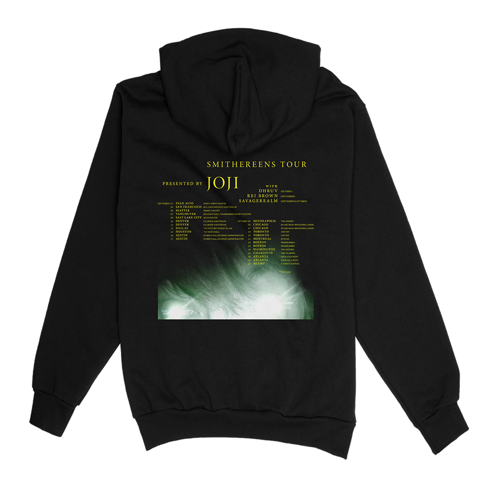 Black hoodie with tour details and a smoky green graphic on the back.