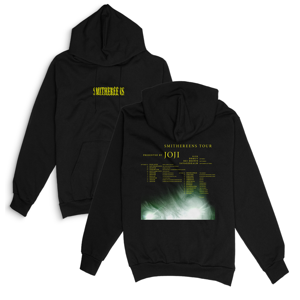 Black hoodie sweatshirt with ’Smithereens’ tour details printed on the back.