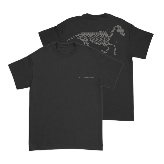 Black t-shirt with a pixelated horse design on the back.
