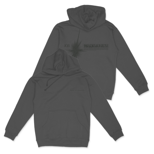 Two dark-colored hooded sweatshirts with text printed on the front.