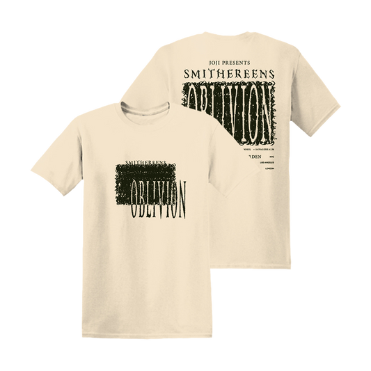 Beige t-shirt with ’Smithereens Oblivion’ text and graphic design printed on front and back.