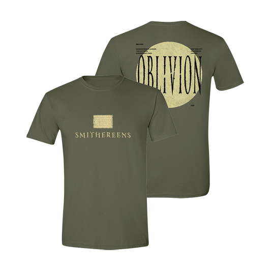 Olive green t-shirt with ’Smithereens’ on the front and ’Oblivion’ on the back.