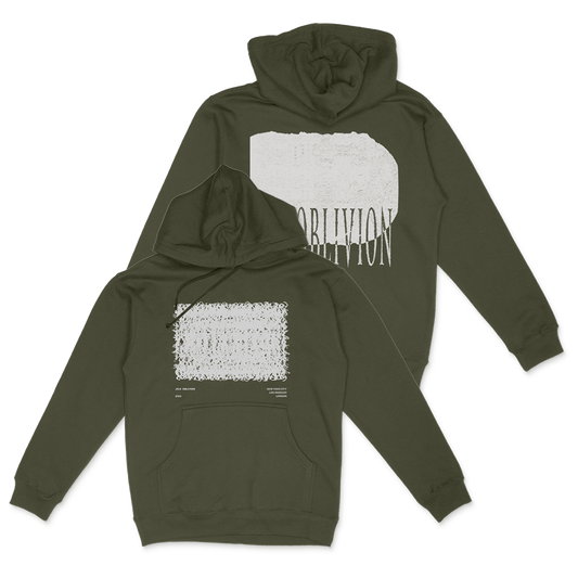 Olive green hooded sweatshirt with white graphic designs on front and back.