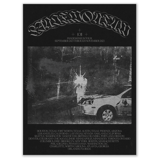 Tour poster for a band called Panopticon featuring a grainy black and white image of a car.