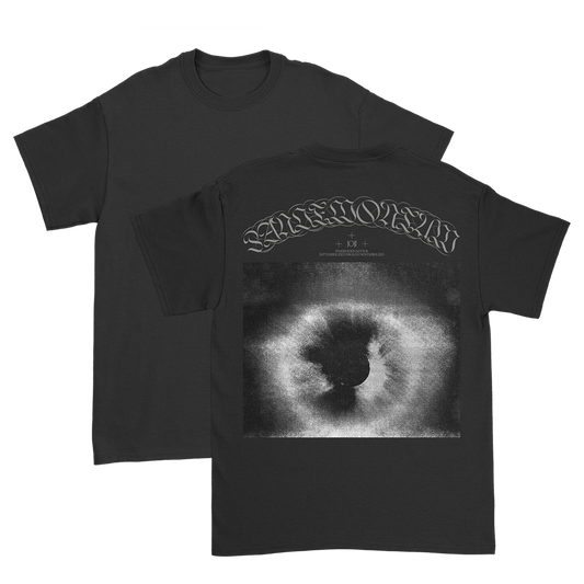 Black t-shirt with a graphic design featuring an eye and text.