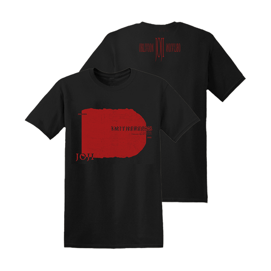 Black t-shirt with red graphic design featuring the word ’JOY’ and ’ANTITHESIS’.