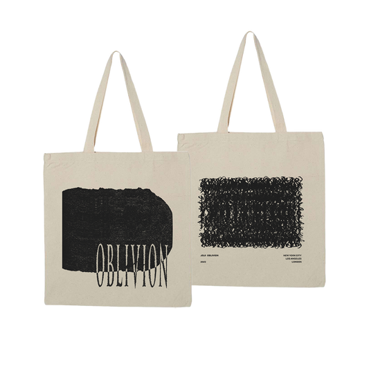 Two canvas tote bags with black graphic designs, one featuring the word ’OBLIVION’ and the other a scribbled rectangle.