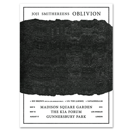 Concert poster for Joji Smithereens Oblivion tour featuring a black textured block and tour dates.