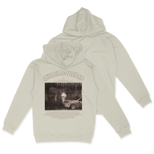 Beige hoodie sweatshirt with a black and white photo print on the back.