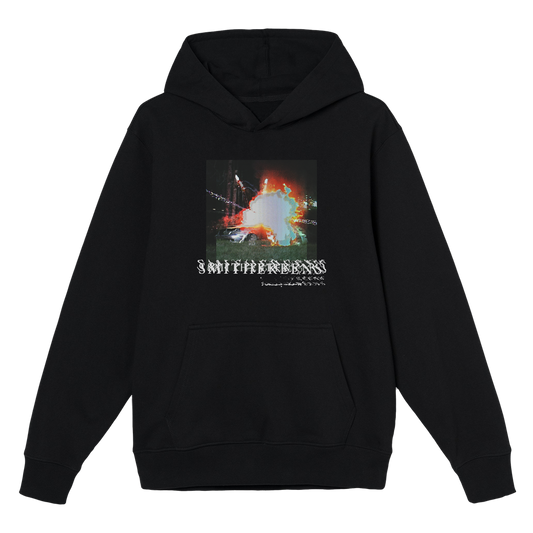 Black hoodie with an explosive graphic and ’SMITHEREENS’ text on the front.