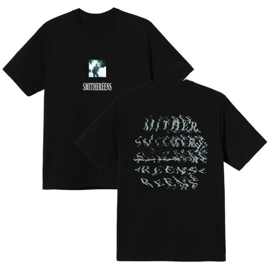 Black t-shirt with graphic designs on front and back.