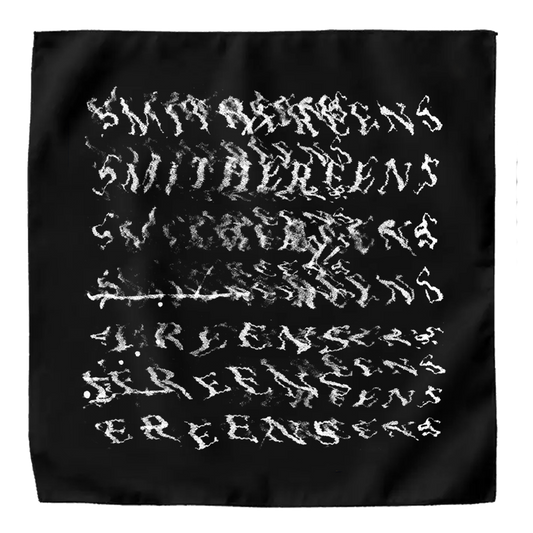 Black fabric square with white distorted text resembling graffiti or abstract calligraphy.