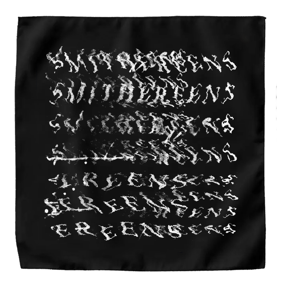 Black fabric square with white distorted text resembling graffiti or abstract calligraphy.