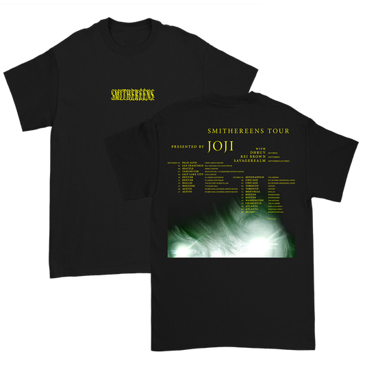 Black t-shirt with yellow text and tour dates printed on the back.