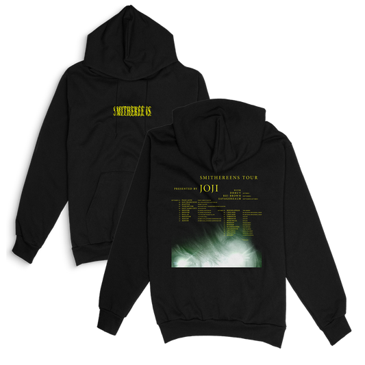 Black hoodie sweatshirt with ’Smithereens’ tour details printed on the back.