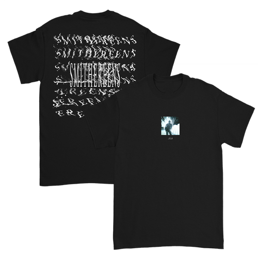 Black t-shirt with stylized text on the back and a small image on the front.