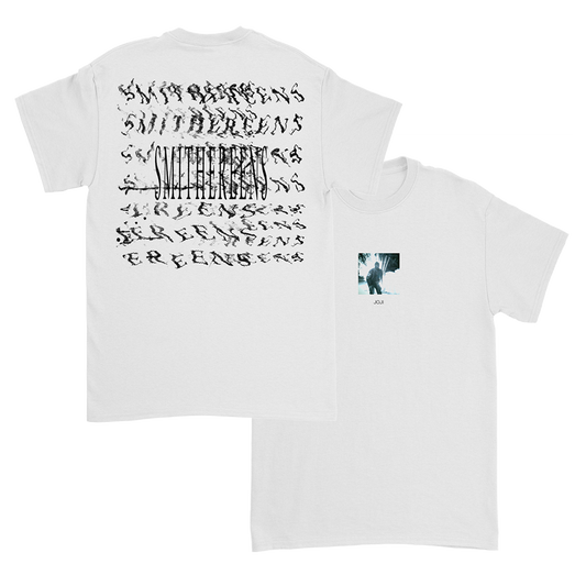 White t-shirt with stylized text on the back and a small image on the front.