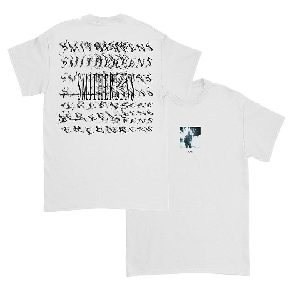 White t-shirt with stylized text on the back and a small image on the front.