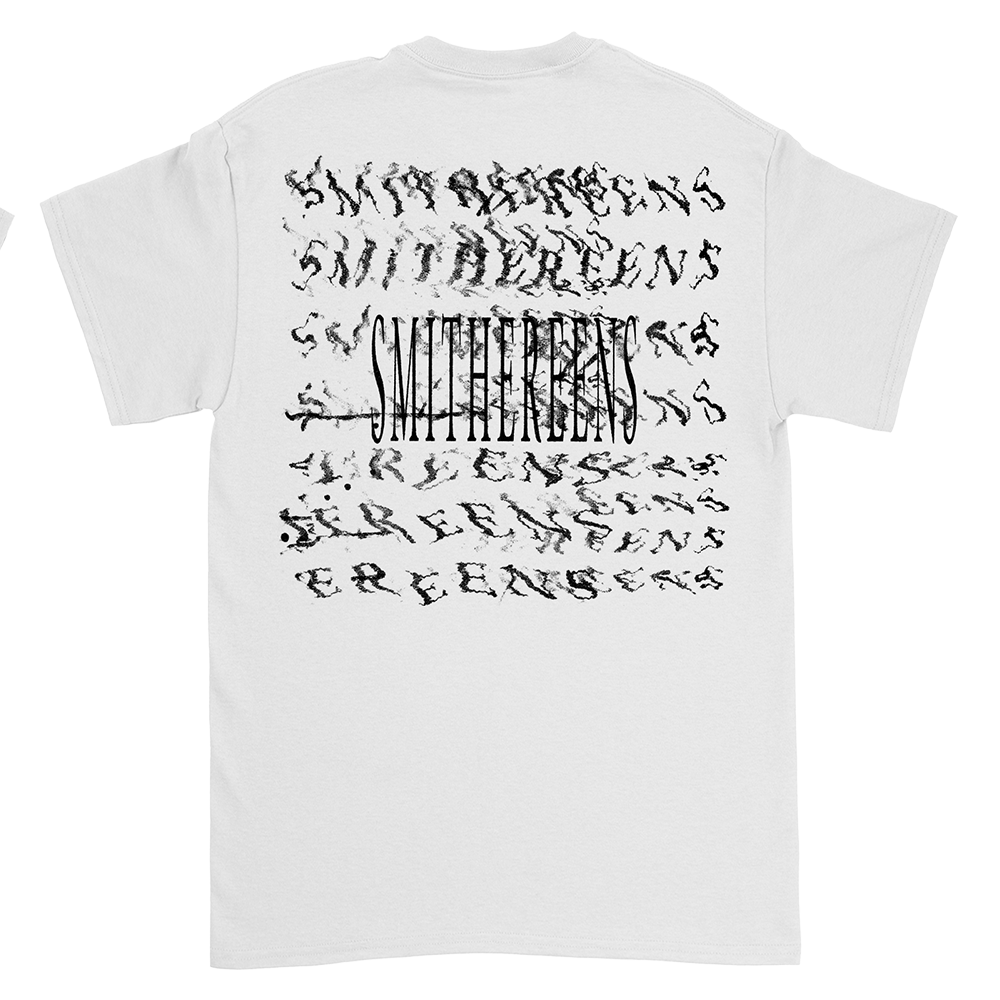 White t-shirt with black text design on the back.